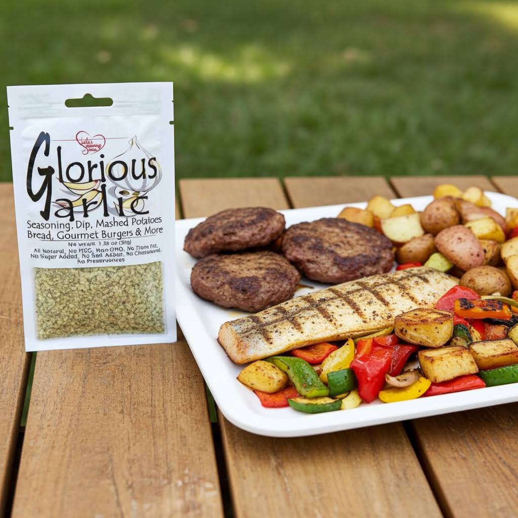 Glorious Garlic fish seasoning grilled vegetables and hamburgers