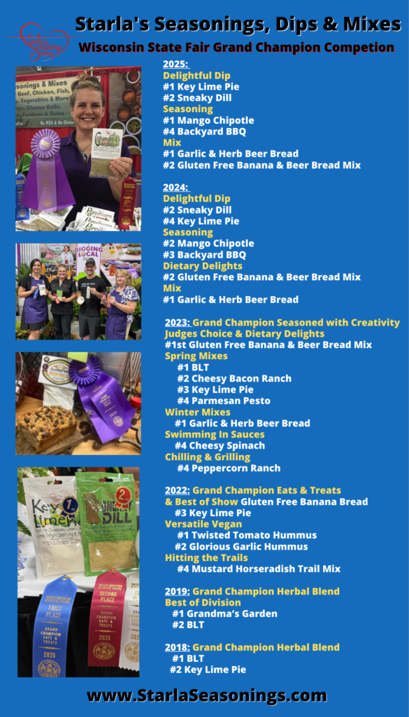 Wisconsin Grand Champion Winners Starla's Seasonings, Dips, Beer Breads & Mixes