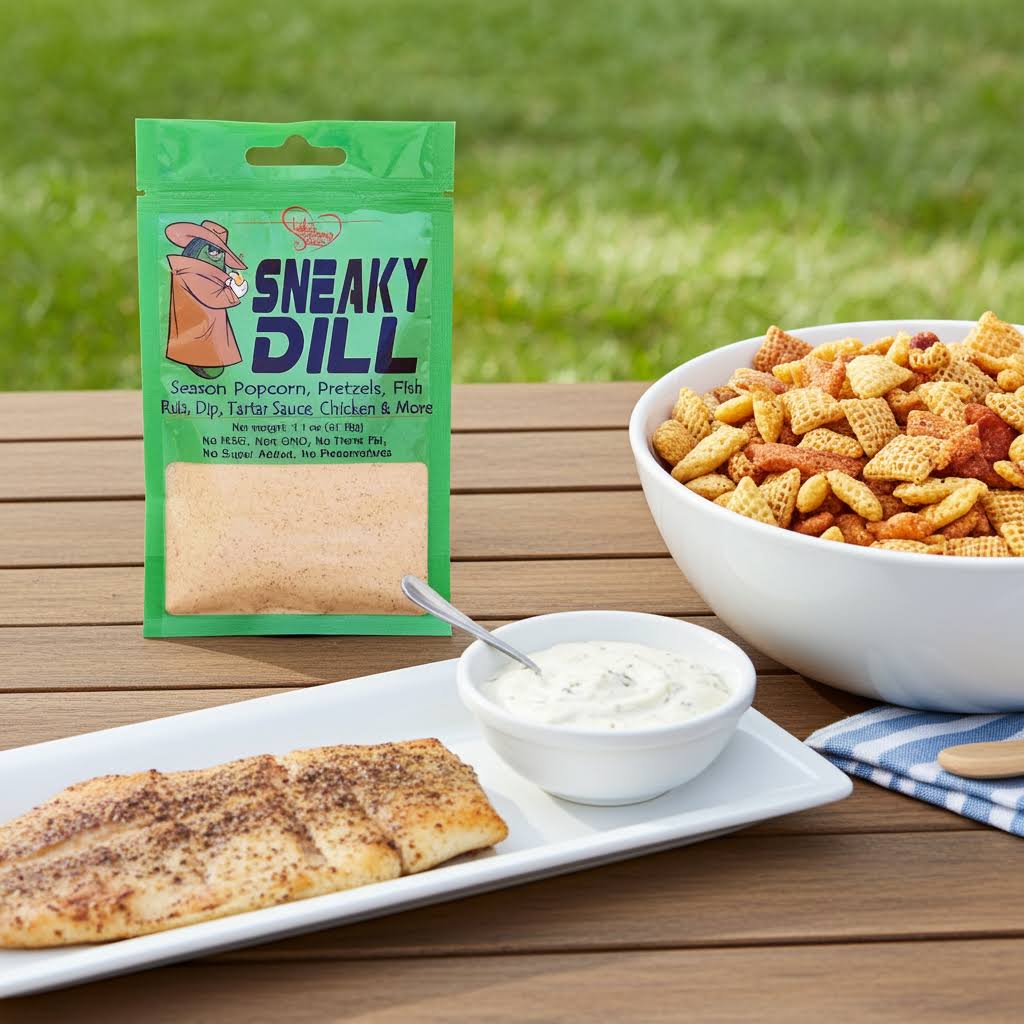 Sneaky Dill seasoned fish, chex mix, tartar sauce, dry rub and more!