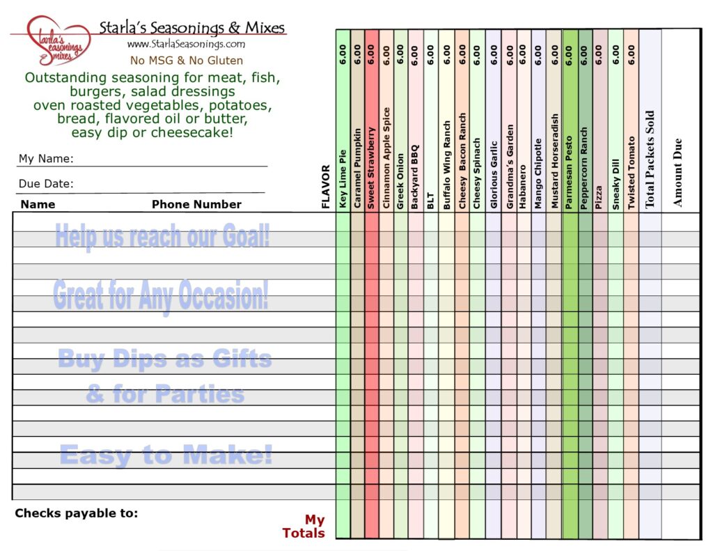 Starla's Seasonings and Dip easy high profit fundraiser order sheet without beer breads