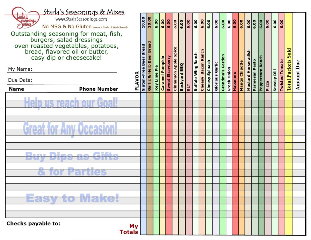 Starla's Seasonings and Dip easy high profit fundraiser order sheet with beer breads