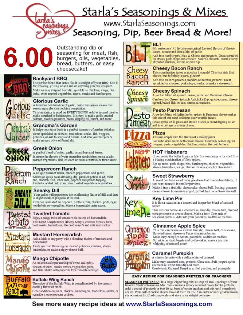 Starla's Seasonings and Dip easy high profit fundraiser order sheet without beer breads