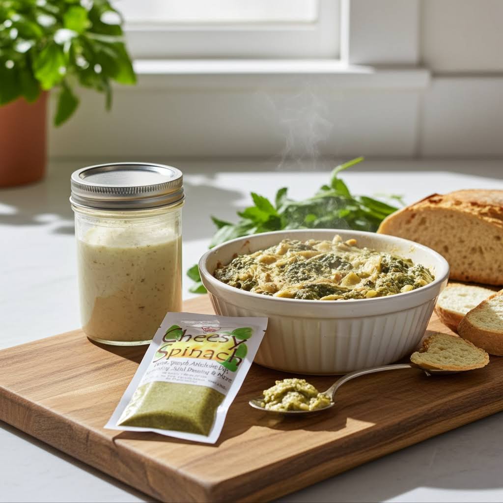 warm cheesy spinach and artichoke dip and salad dressing