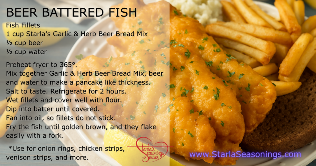 Beer Battered Fish made with Garlic and Herb Beer Bread Mix