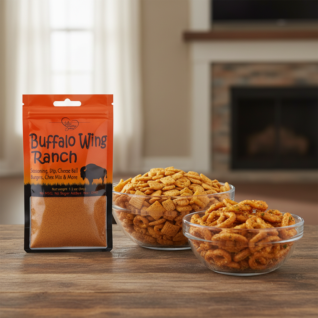 Buffalo Wing Ranch Seasoning for seasoned Chex mix or pretzels
