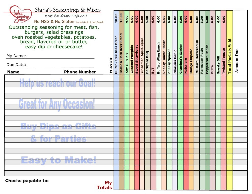 Starla's Seasoning's, dips and mixes fundraiser lined order form with Beer Breads 2026. 50% high profit dip mix fundraisers