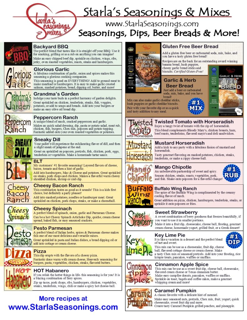 Starla's Seasoning's, dips and mixes fundraiser description form with Beer Breads 2026