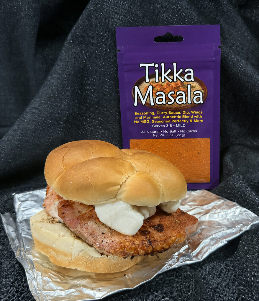 Tikka Masala pork sandwich with goat cheese curds